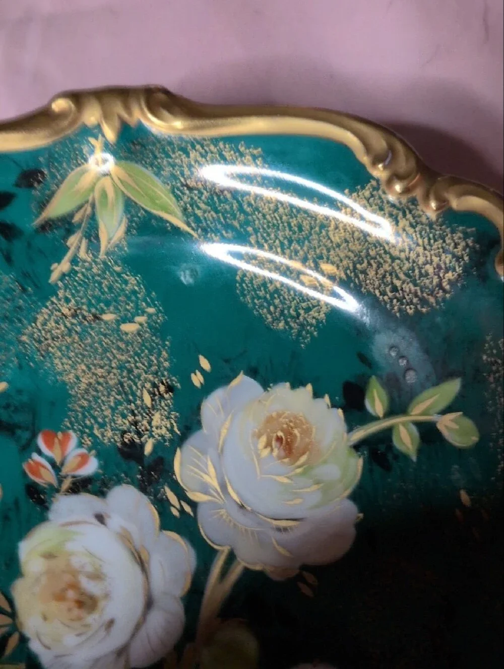 Rosen Thal Germany Hand-Painted Floral Decorative Bowl in Teal with Gold Trim